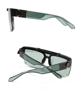 Detail view of the metal hinge and side temple of modern mask-style sunglasses