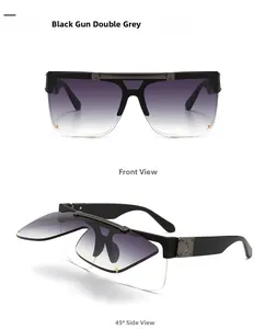 Detail of modern flip-up sunglasses with double grey lenses and gunmetal frames
