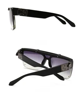 Detailed side and back view of oversized black mask sunglasses with gradient lenses