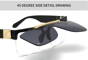 Macro side view of flip-up sunglasses with gold hinge detail and black frames