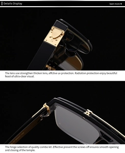 Detail showing the reinforced gold metal hinges and UV protection lenses of the sunglasses