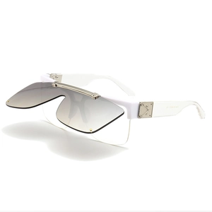 Retro mask-style flip-up sunglasses with white wide frames and grey gradient lenses