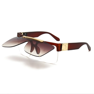 Retro tortoise flip-up double layer sunglasses with gold metal accents and brown lenses