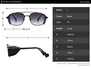 Detailed size chart for modern retro punk sunglasses with metal frame and PC lens