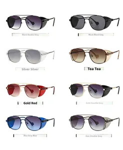 Showcase of eight cyberpunk steampunk sunglasses in various frame and lens colors