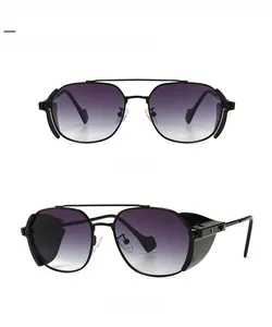 Steampunk sunglasses with black metal frames and side shields in dual perspective