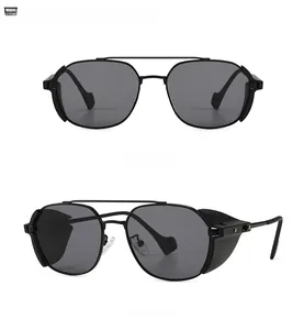 Detail view of retro punk windproof sunglasses with black metal frame and side shields