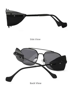 Detailed side and back view of matte black steampunk sunglasses with industrial side shields