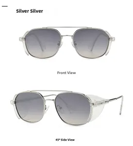 Front and side view of silver steampunk sunglasses with windproof side shields and grey lenses