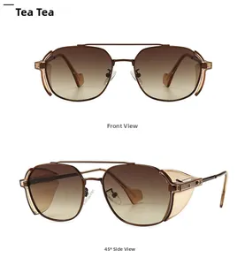 Front and 45-degree views of retro steampunk sunglasses with side shields and brown lenses