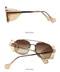 Side and back view of retro steampunk sunglasses with amber frames and side shields