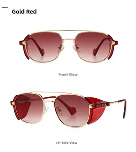 Front and 45-degree side views of retro gold metal sunglasses with red side shields