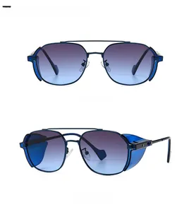 Macro view of blue vintage punk sunglasses with side shields and dual bridge design