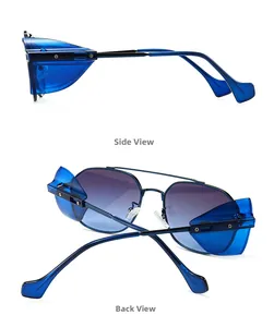 Detailed view of blue metal sunglasses frame with vintage side shields and gradient lenses