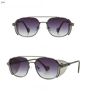 Macro view of gunmetal punk sunglasses featuring gradient lenses and side shields
