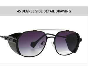 45-degree side view showing black metal steampunk frame and purple gradient lenses
