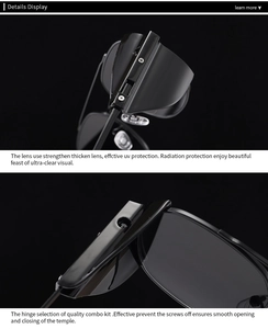 Detail view of reinforced UV protection lenses and durable metal hinge for sunglasses