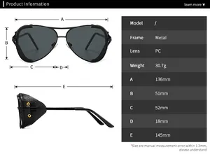 Detailed size specifications for metal aviator sunglasses with leather side shields