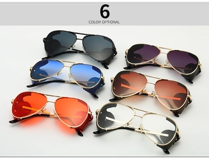 Detail view of retro aviator steampunk sunglasses with side leather shields in six colors