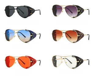 Steampunk aviator sunglasses collection with metal frames and leather side shields