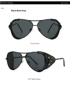 Steampunk pilot sunglasses with black frame and leather side shields with metal rivets