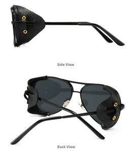 Steampunk aviator sunglasses with side leather shields and black metal frame detail