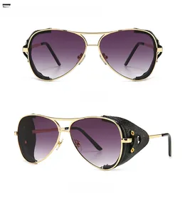 Steampunk gold pilot sunglasses with side shields and gray gradient lenses in dual view