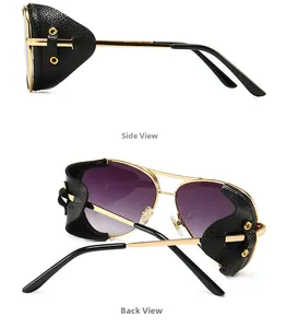 Detail view of steampunk sunglasses with gold metal frame, purple lenses and side shields
