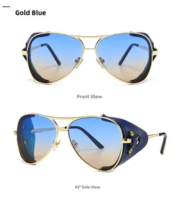 Front and 45-degree side view of pilot sunglasses with gold frame and blue side shields