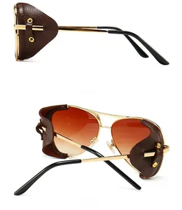 Detailed side and back view of steampunk aviator sunglasses with leather side shields