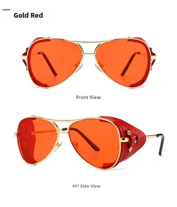 Steampunk aviator sunglasses with gold frames, orange lenses, and red leather side shields