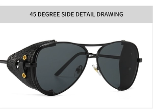 Steampunk aviator sunglasses with black leather side shields and gold rivets side view