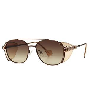 Modern vintage steampunk sunglasses with brown gradient lenses and side shields on white