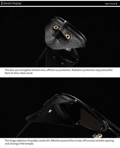 Detail of punk sunglasses with leather side shields and gold metal rivet reinforcements