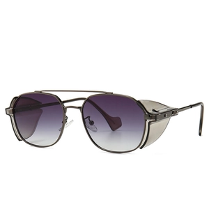 Steampunk sunglasses with dark purple gradient lenses and grey metal frame on white background