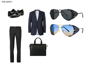 Flat lay of navy pinstripe suit, leather briefcase, and pilot sunglasses for men
