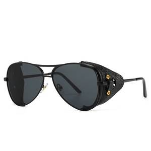 Steampunk Aviator Sunglasses Metal Frame PC Lens Leather Side Shields Windproof Vintage Retro Eyewear For Men Women