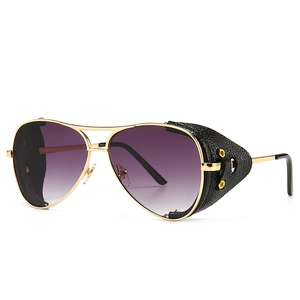 Retro aviator sunglasses with gold metal frame, purple gradient lenses and leather side shields