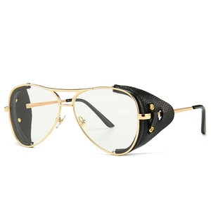 Steampunk gold metal aviator sunglasses with black leather side shields and clear lenses