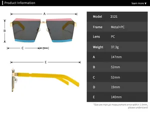 Detailed size chart for retro square sunglasses with 147mm frame width and 140mm temples