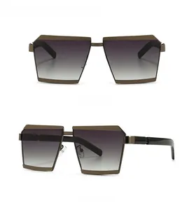 Front and side view of geometric gunmetal sunglasses with double gray gradient lenses