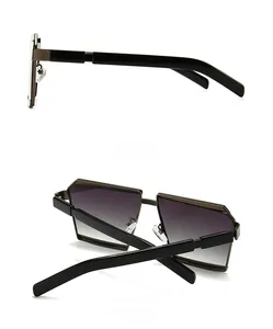 Detail view showing the side and back of modern geometric sunglasses with gradient lenses