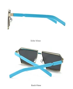 Detail view showing the golden metal frame and bright blue temples of these sunglasses