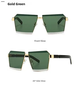 Front and side view of gold and green geometric sunglasses with sleek metallic frames