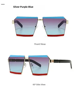 Front and 45-degree side view of oversized silver sunglasses with blue gradient lenses