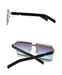 Side and back view of geometric oversized sunglasses with gradient lenses and metal frame