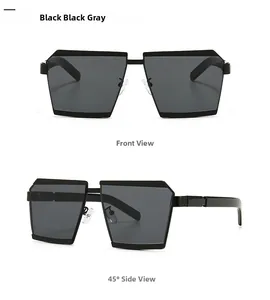 Front and side macro views of geometric black oversized sunglasses with gray lenses