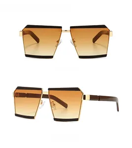 Detailed views of gold square sunglasses with brown gradient lenses and metal frame