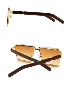Side and back view of retro sunglasses with golden metal frames and gradient brown lenses