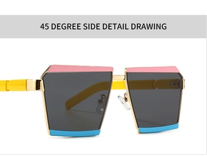Detail view of colorful geometric sunglasses with metal bridge and pink-blue frames